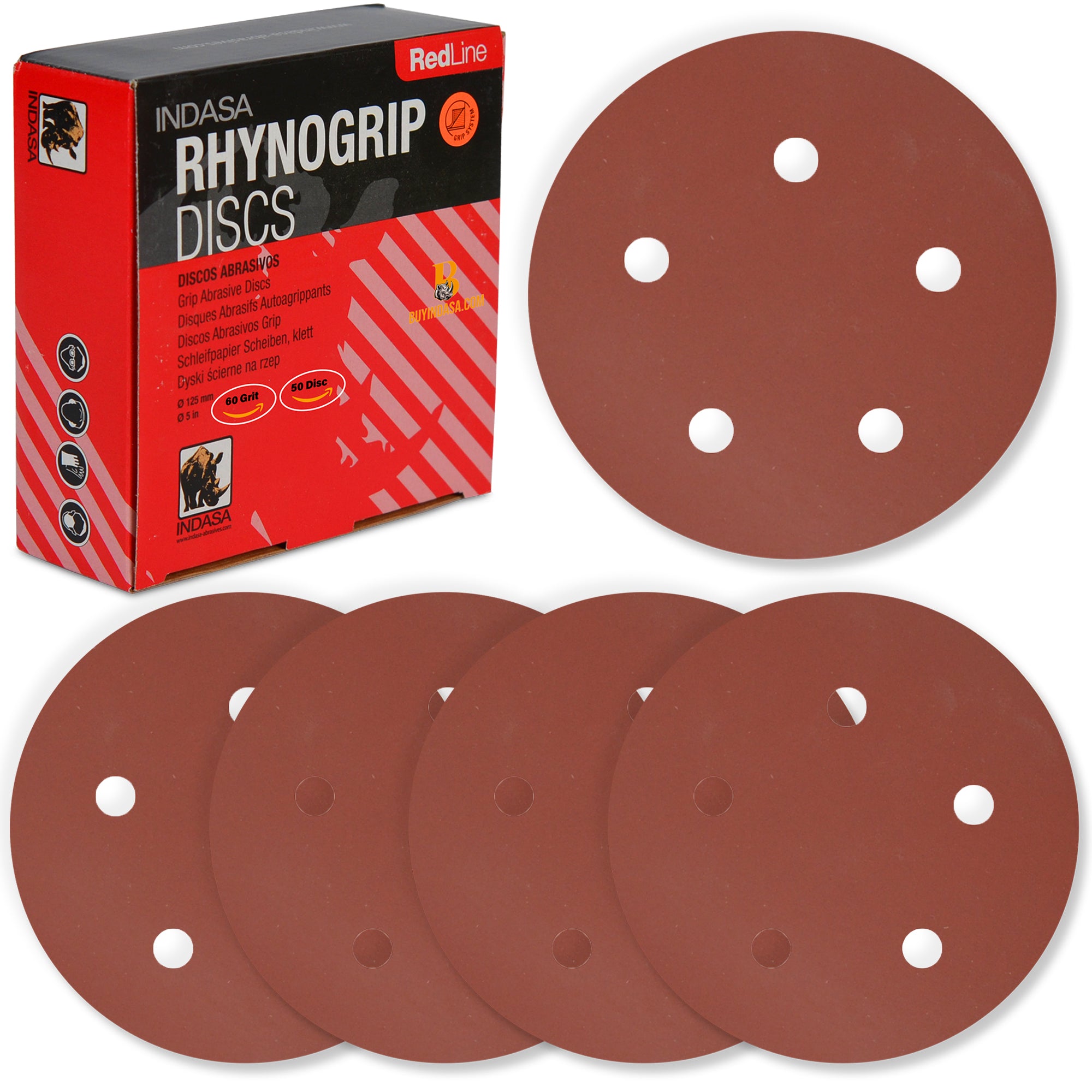 Buy Indasa 5" Rhynogrip Red Line 8-Hole Vacuum Sanding Discs, 550 Series