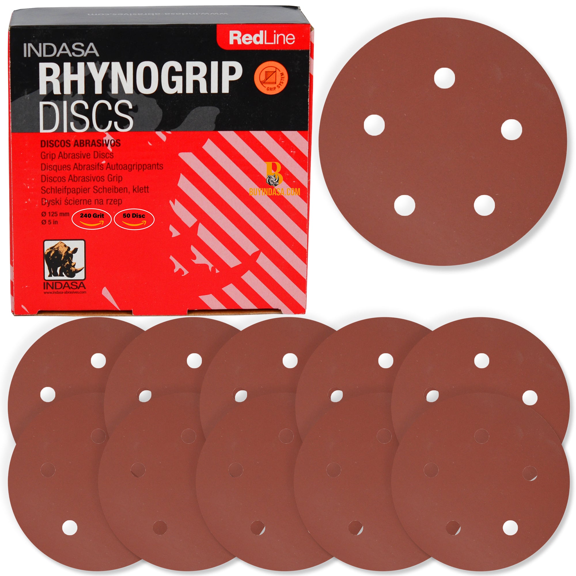 Buy Indasa 5" Rhynogrip Red Line 5-Hole Vacuum Sanding Discs, 520 Series