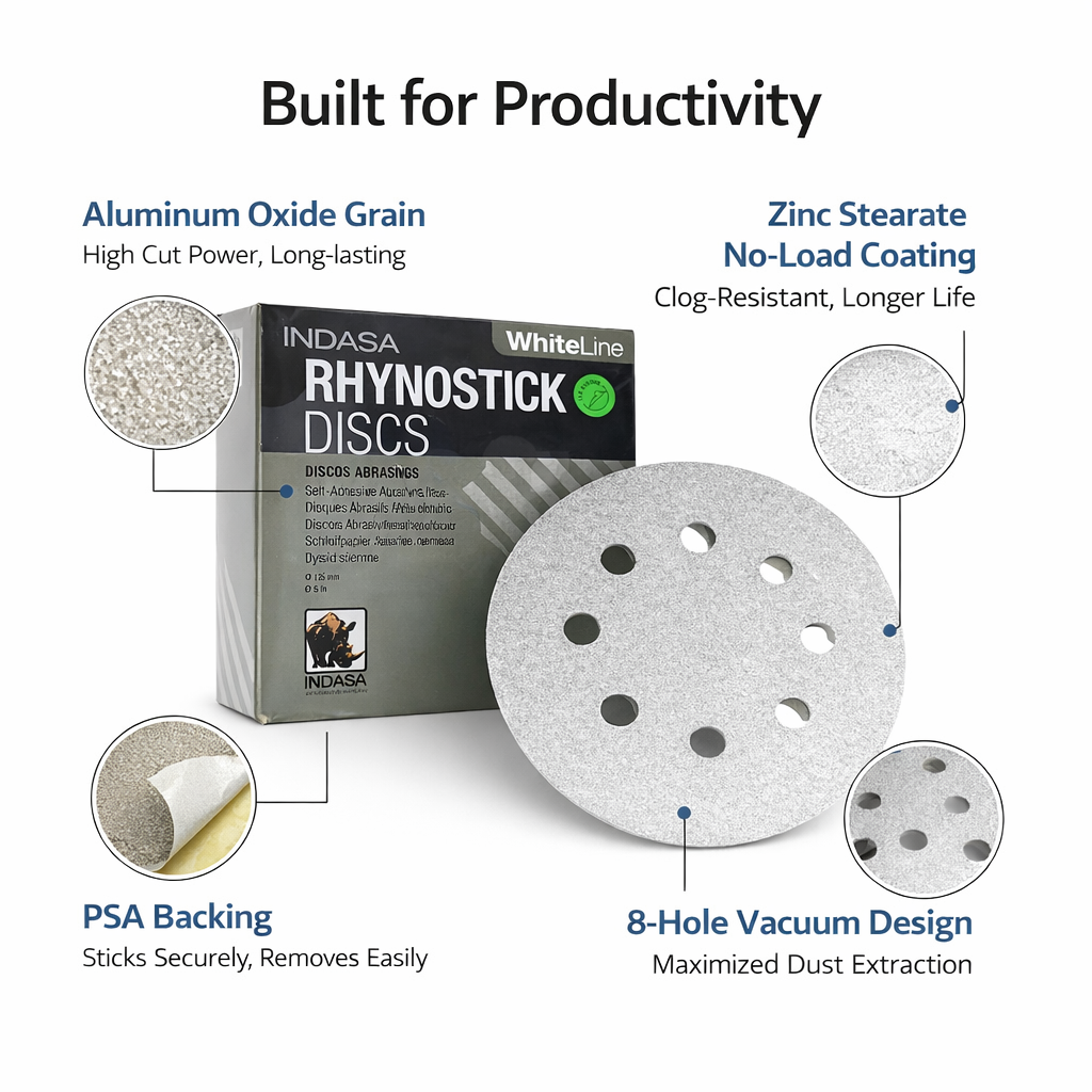 Indasa WhiteLine 5-Inch 8-Hole Rhynostick PSA Vacuum Sanding Discs – 56 Series (40–400 Grit)