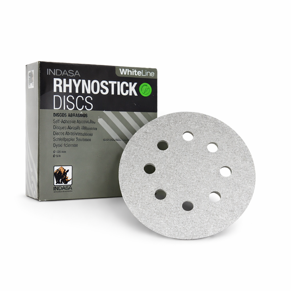 Indasa WhiteLine 5-Inch 8-Hole Rhynostick PSA Vacuum Sanding Discs – 56 Series (40–400 Grit)